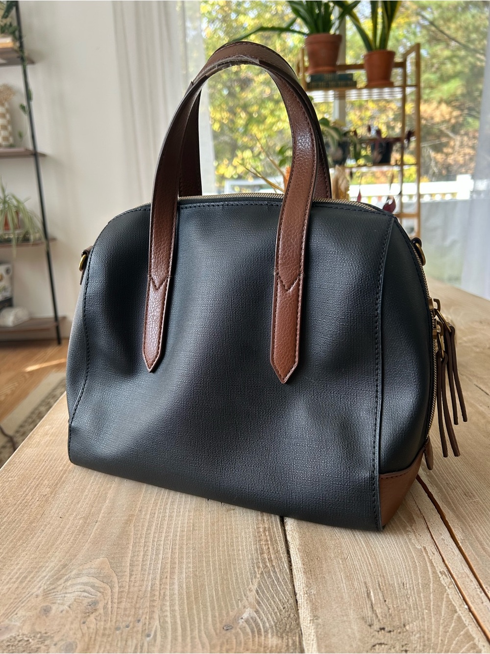 FOSSIL Classic Black and Brown Two-Tone Satchel Bag